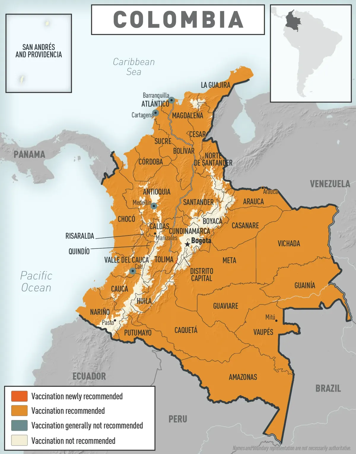 Mapa Kolumbii z obszarami zaleceń szczepienia przeciw żółtej febrze